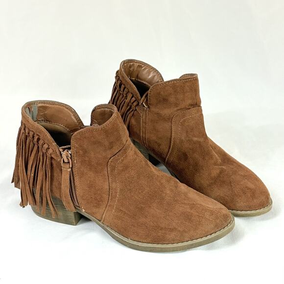 Arizona Brown Faux Leather Suede Fringe Ankle Booties Women’s Sz 10 - Picture 1 of 12